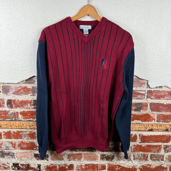 Vintage Cypress Links Sweater Size Large Red Blue Stripe Cotton V Neck Pullover - Picture 1 of 5